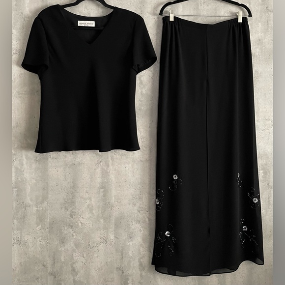 VTG Donna Ricco 2Pc Blk Evening Gown Blouse Chiffon Slit Overlay Skirt Dress S12 - Picture 5 of 13